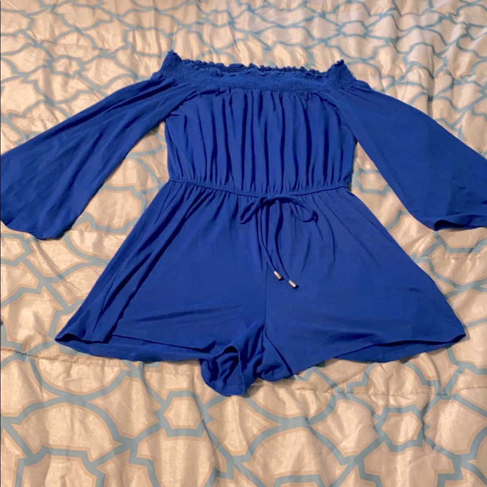 Off the shoulder Bebop Royal Blue Romper Shorts.